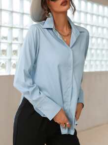 Modelyn Solid Split Hem Multi Ways Shirt - Baby Blue - View 6