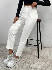 SHEIN PETITE Solid Fold Pleated White Pants - White - View 1