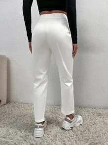 SHEIN PETITE Solid Fold Pleated White Pants - White - View 2