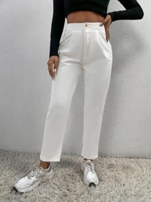 SHEIN PETITE Solid Fold Pleated White Pants - White - View 3