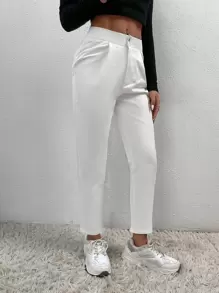 SHEIN PETITE Solid Fold Pleated White Pants - White - View 5