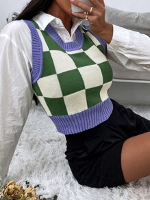 SHEIN Qutie Checker Pattern Contrast Trim Sweater Vest Without Blouse - Multicolor - View 1