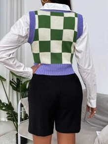 SHEIN Qutie Checker Pattern Contrast Trim Sweater Vest Without Blouse - Multicolor - View 2