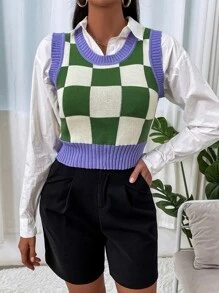 SHEIN Qutie Checker Pattern Contrast Trim Sweater Vest Without Blouse - Multicolor - View 3