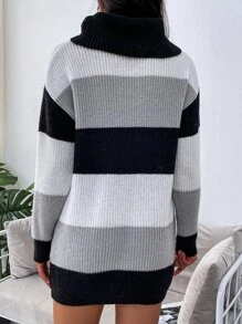 SHEIN EZwear Vestido de punto de hombros caídos de cuello tortuga sin cinturón - Multicolor - Ver 2