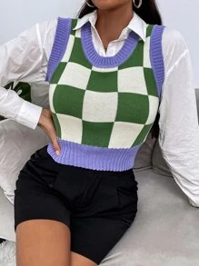 SHEIN Qutie Checker Pattern Contrast Trim Sweater Vest Without Blouse - Multicolor - View 4