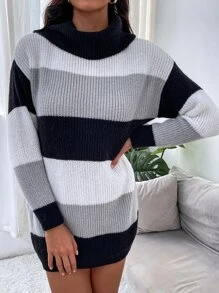 SHEIN EZwear Vestido de punto de hombros caídos de cuello tortuga sin cinturón - Multicolor - Ver 3