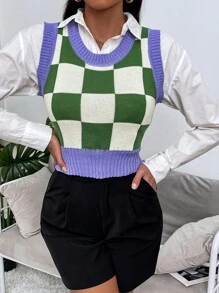 SHEIN Qutie Checker Pattern Contrast Trim Sweater Vest Without Blouse - Multicolor - View 5