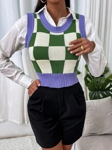 SHEIN Qutie Checker Pattern Contrast Trim Sweater Vest Without Blouse - Multicolor - View 6