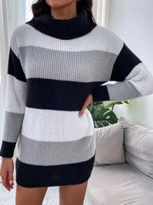 SHEIN EZwear Vestido de punto de hombros caídos de cuello tortuga sin cinturón - Multicolor - Ver 6