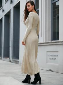 SHEIN 缺口領插肩袖不附腰帶毛衣裙 - 卡其色 - 查看 2