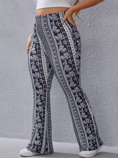 SHEIN Clasi Plus Striped And Floral Print Flare Leg Pants