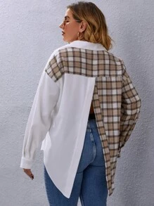 SHEIN LUNE 大碼格紋拼接後背開衩襯衫 - 彩色 - 查看 2