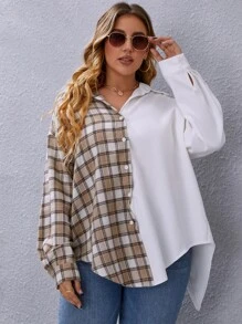 SHEIN LUNE 大碼格紋拼接後背開衩襯衫 - 彩色 - 查看 3