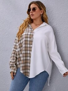 SHEIN LUNE 大碼格紋拼接後背開衩襯衫 - 彩色 - 查看 4