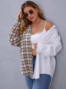 SHEIN LUNE 大碼格紋拼接後背開衩襯衫 - 彩色 - 查看 5