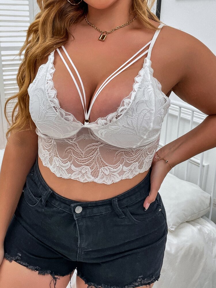 大碼蕾絲背帶無鋼圈內衣 - 白色 - 查看 3