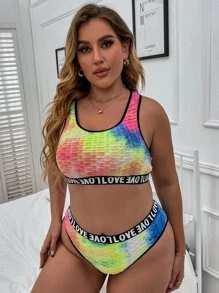 Plus Tie Dye Letter Tape Lingerie Set - Multicolor - View 4