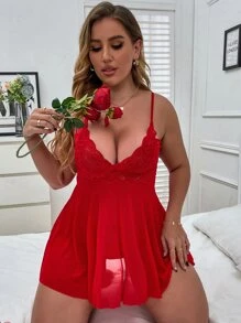 SHEIN 大碼蕾絲拼接網紗吊帶睡裙 - 紅色 - 查看 4