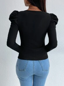 RueChic Scoop Neck Gigot Sleeve Tee - Black - View 2