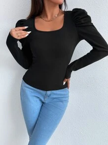 RueChic Scoop Neck Gigot Sleeve Tee - Black - View 3