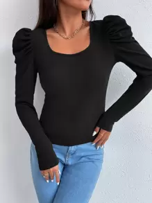 RueChic Scoop Neck Gigot Sleeve Tee - Black - View 4