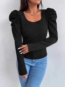 RueChic Scoop Neck Gigot Sleeve Tee - Black - View 5