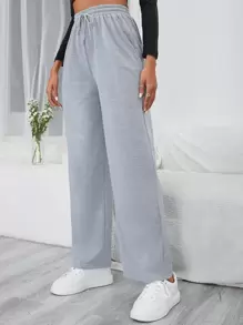 SHEIN Frenchy 素色腰部抽繩衛褲 - 淺灰色 - 查看 1