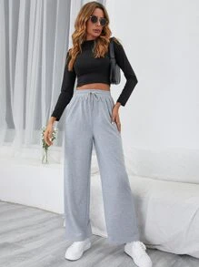 SHEIN Frenchy 素色腰部抽繩衛褲 - 淺灰色 - 查看 4