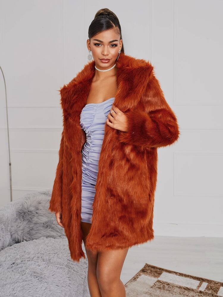 SHEIN Waterfall Collar Single Button Fuzzy Coat - Rust Brown - View 5