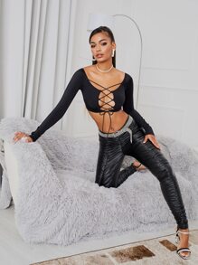 SHEIN Top corto con cordón delantero - Negro - Ver 3