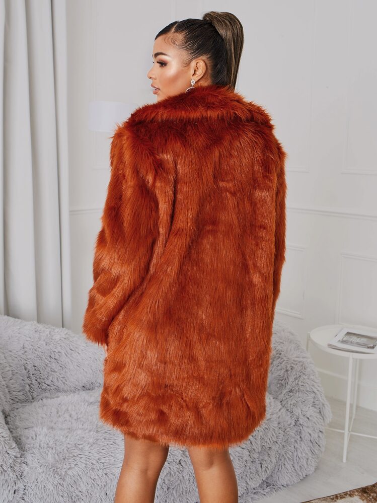 SHEIN Waterfall Collar Single Button Fuzzy Coat - Rust Brown - View 2