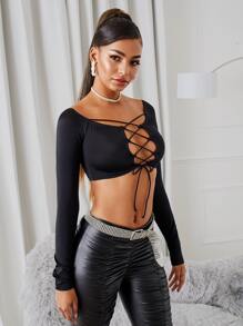 SHEIN Top corto con cordón delantero - Negro - Ver 5