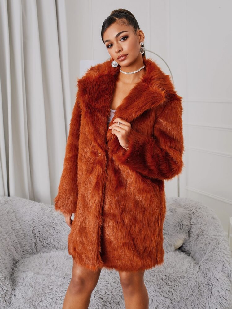 SHEIN Waterfall Collar Single Button Fuzzy Coat - Rust Brown - View 1