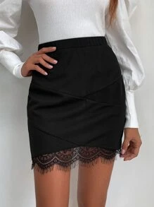 素色拼接蕾絲貝殼邊半身裙 - 黑色 - 查看 1