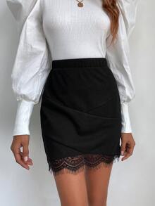 素色拼接蕾絲貝殼邊半身裙 - 黑色 - 查看 3