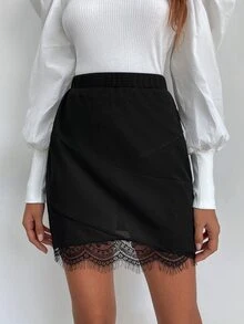 素色拼接蕾絲貝殼邊半身裙 - 黑色 - 查看 4