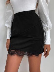 素色拼接蕾絲貝殼邊半身裙 - 黑色 - 查看 5