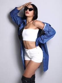 Váy denim nữ Nút phía trước Khối Màu Giải trí - Rửa trung bình - Xem 5