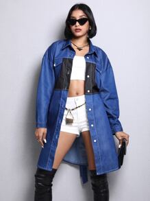 Váy denim nữ Nút phía trước Khối Màu Giải trí - Rửa trung bình - Xem 2