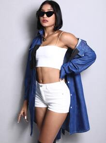 Váy denim nữ Nút phía trước Khối Màu Giải trí - Rửa trung bình - Xem 8