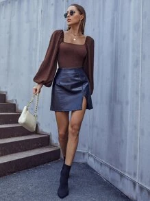 Firerie Jacquard Square Neck Lantern Sleeve Bodysuit