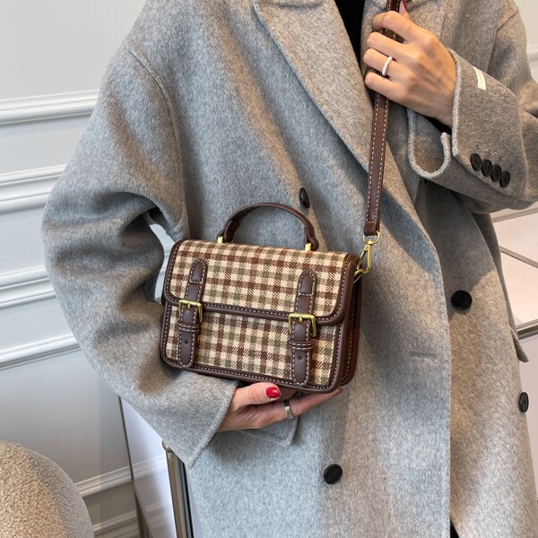 

Gingham Buckle Decor Square Bag, Coffee brown