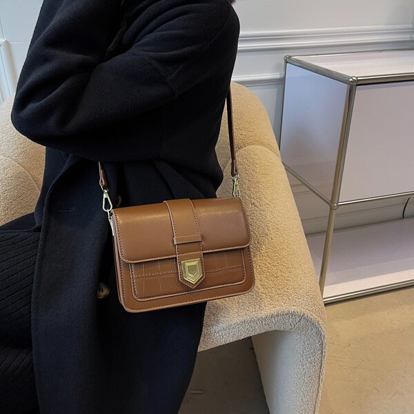 

Crocodile Embossed Flap Square Bag, Brown