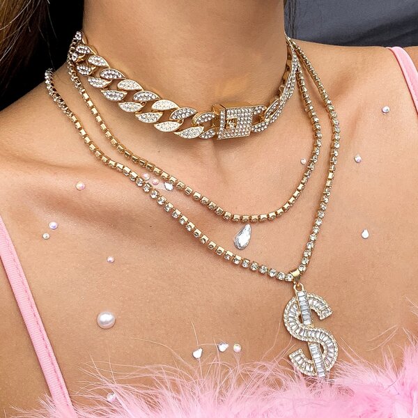 

3pcs Rhinestone Decor Necklace, Gold