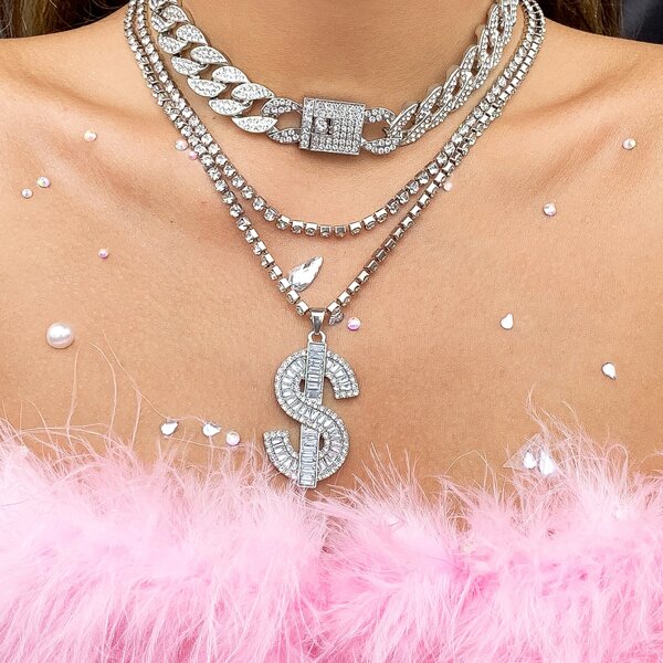 

3pcs Rhinestone Decor Necklace, Silver