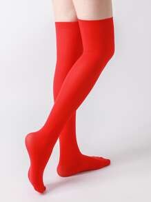 纯色弹力过膝袜，舒适 - 紅色 - 查看 2