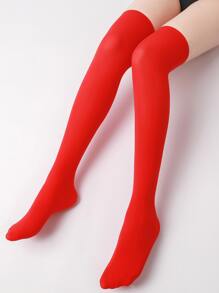 纯色弹力过膝袜，舒适 - 紅色 - 查看 3
