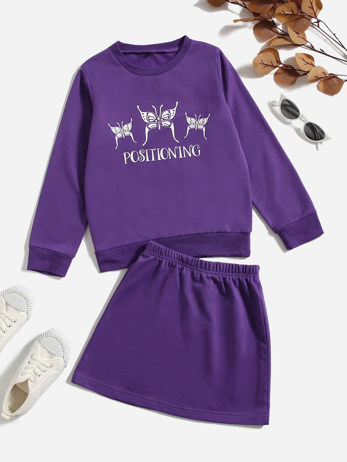 Niñas con letra con con estampado de mariposa Sudadera & Falda - Morado - Ver 1
