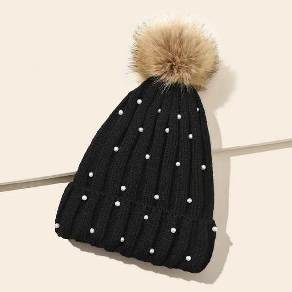 

Faux Pearl & Pom Pom Decor Beanie, Black